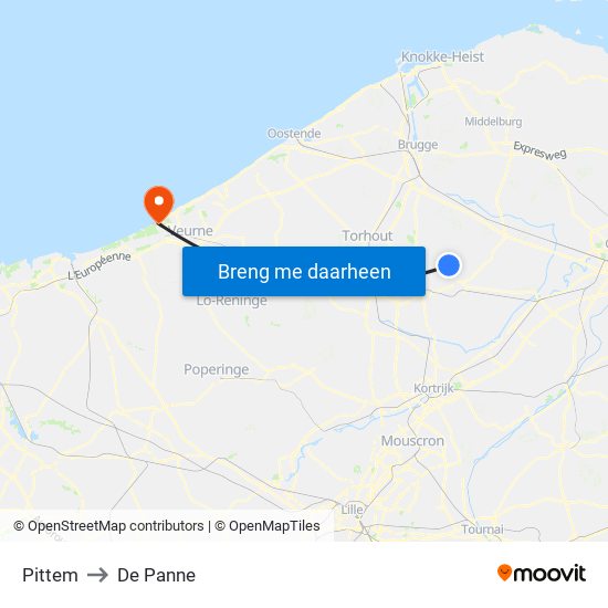 Pittem to De Panne map