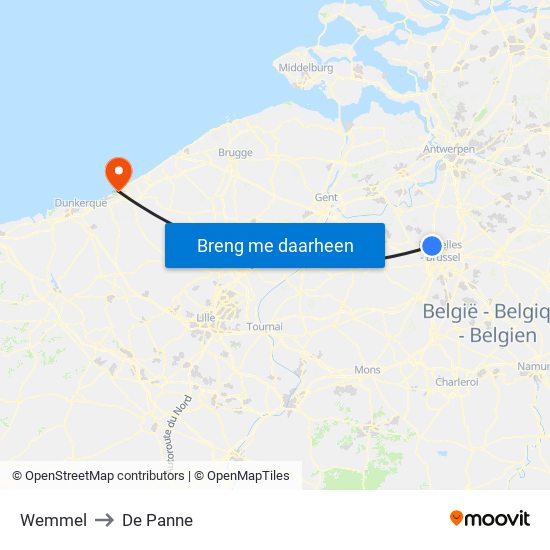 Wemmel to De Panne map