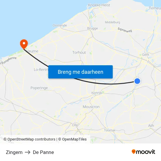 Zingem to De Panne map