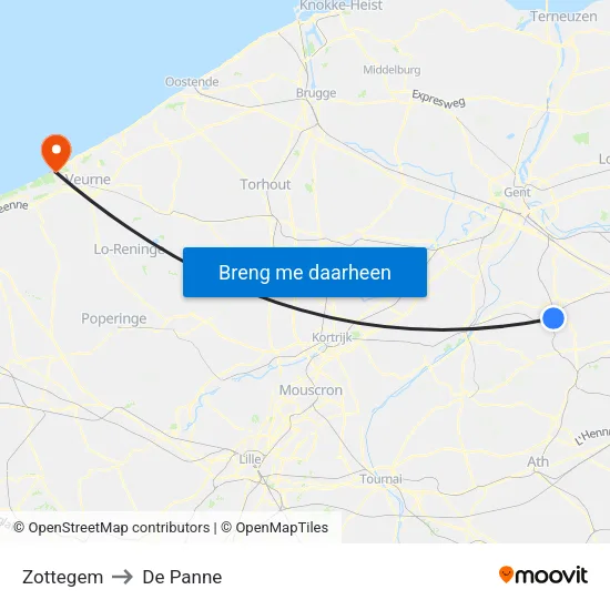 Zottegem to De Panne map