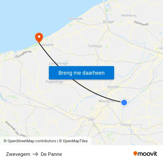 Zwevegem to De Panne map