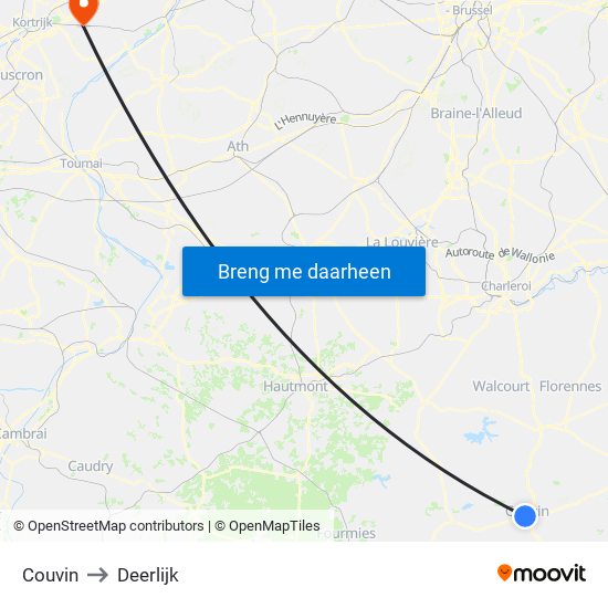 Couvin to Deerlijk map