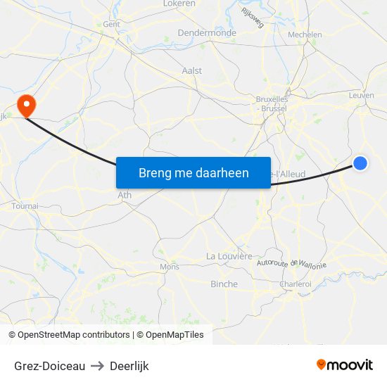 Grez-Doiceau to Deerlijk map