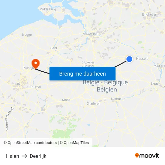 Halen to Deerlijk map