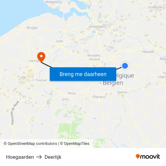 Hoegaarden to Deerlijk map