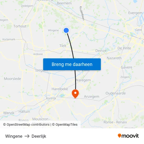 Wingene to Deerlijk map
