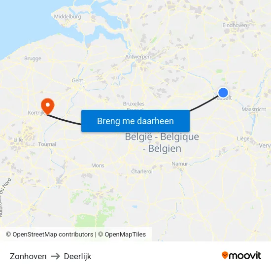 Zonhoven to Deerlijk map