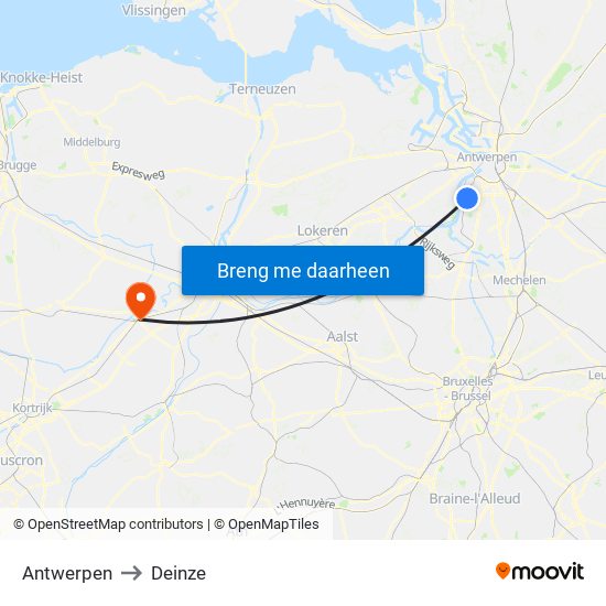 Antwerpen to Deinze map