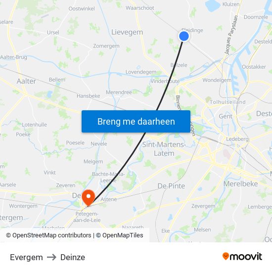 Evergem to Deinze map