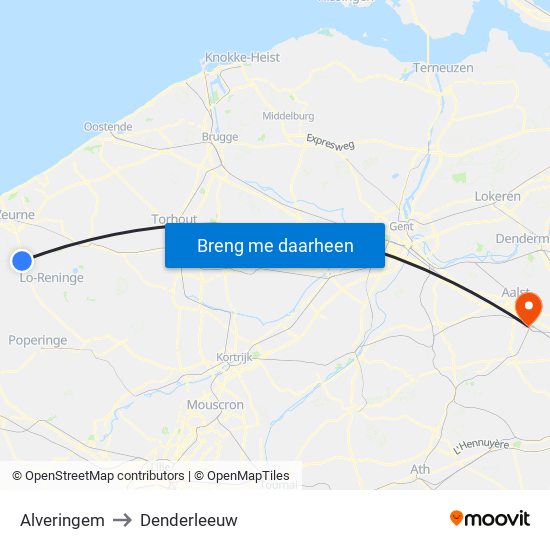 Alveringem to Denderleeuw map