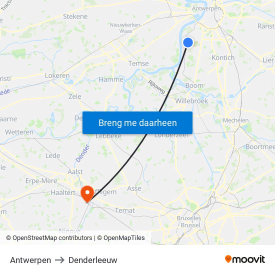 Antwerpen to Denderleeuw map