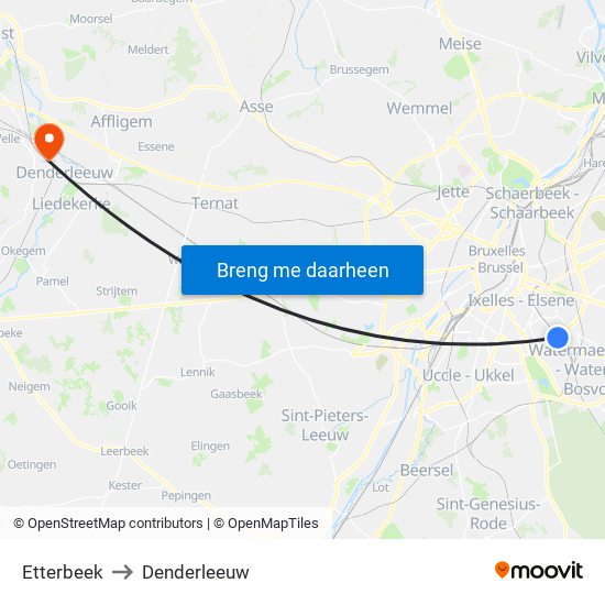 Etterbeek to Denderleeuw map