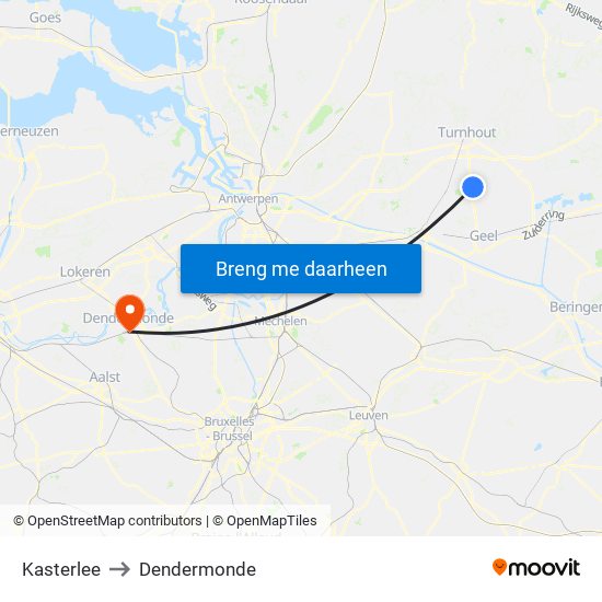 Kasterlee to Dendermonde map