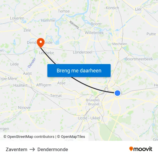 Zaventem to Dendermonde map