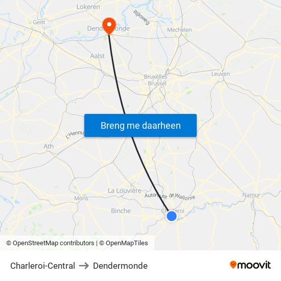 Charleroi-Central to Dendermonde map