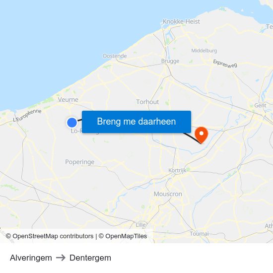 Alveringem to Dentergem map