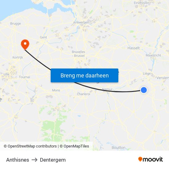 Anthisnes to Dentergem map