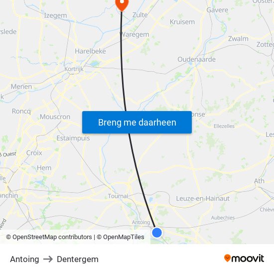 Antoing to Dentergem map