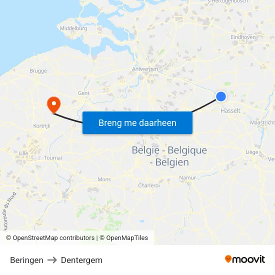 Beringen to Dentergem map