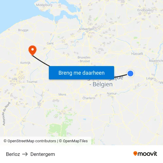 Berloz to Dentergem map
