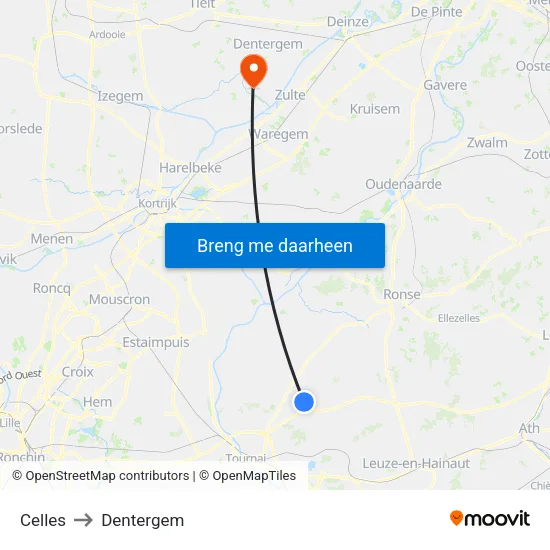 Celles to Dentergem map