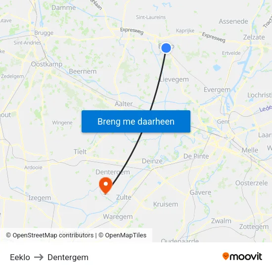 Eeklo to Dentergem map