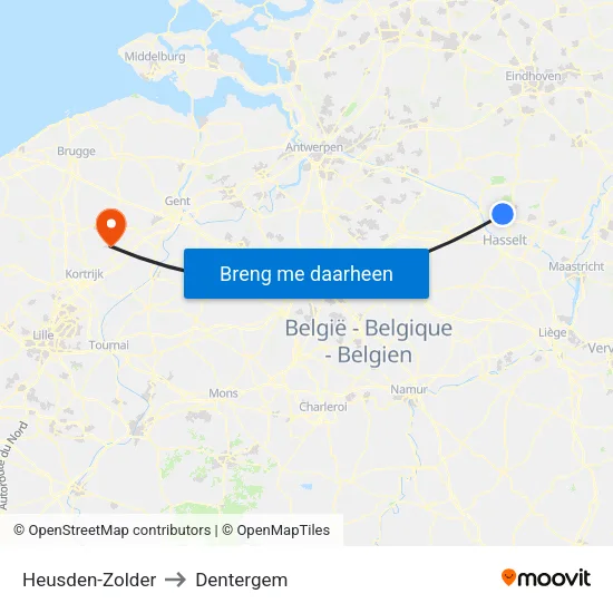 Heusden-Zolder to Dentergem map