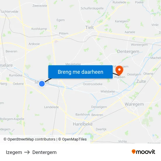 Izegem to Dentergem map