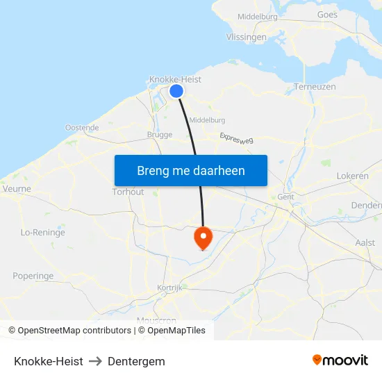 Knokke-Heist to Dentergem map