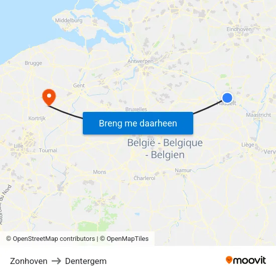 Zonhoven to Dentergem map