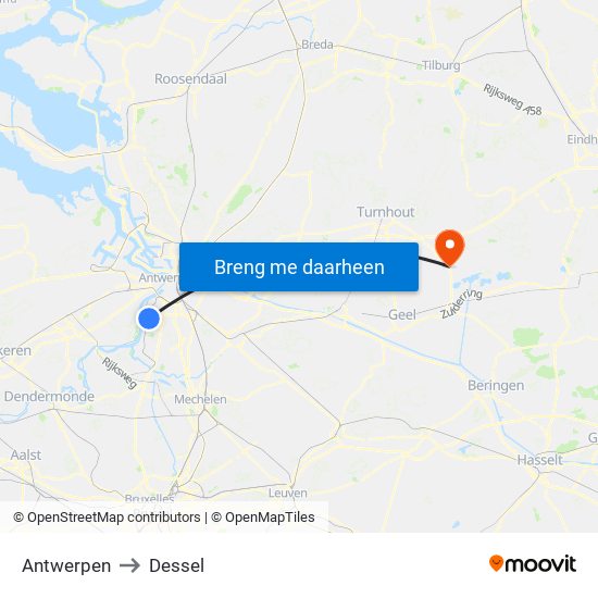 Antwerpen to Dessel map