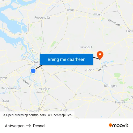 Antwerpen to Dessel map