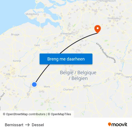 Bernissart to Dessel map