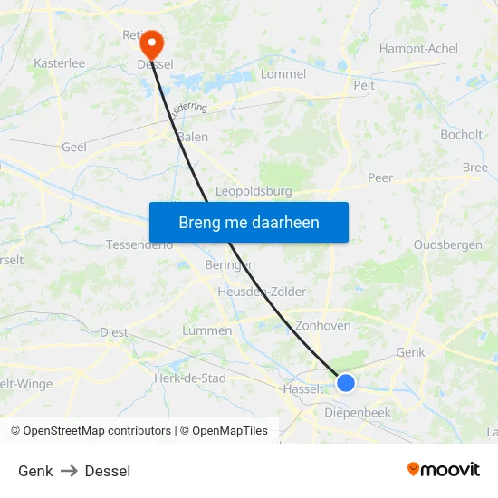 Genk to Dessel map