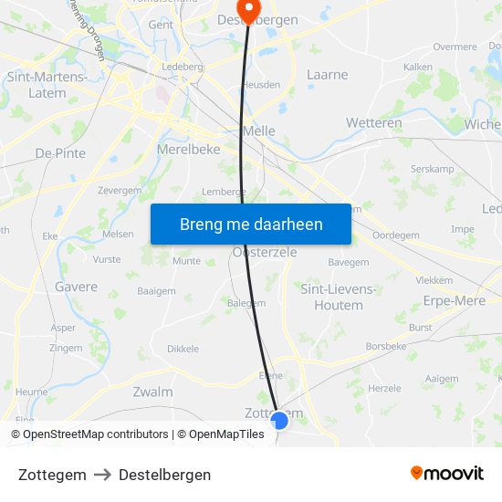 Zottegem to Destelbergen map