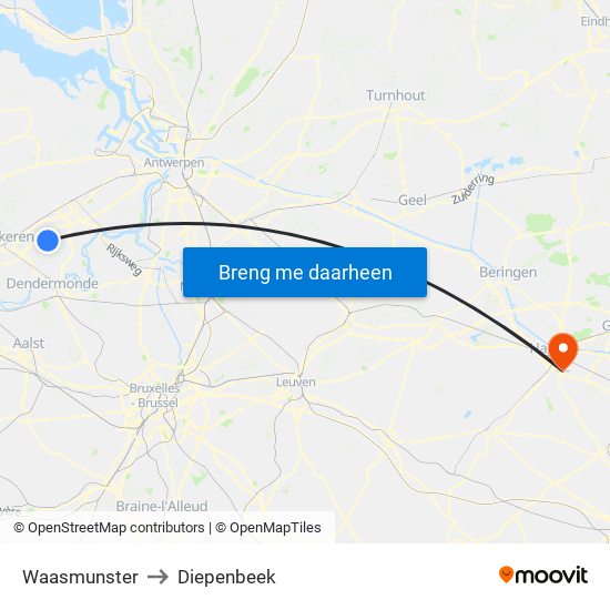 Waasmunster to Diepenbeek map