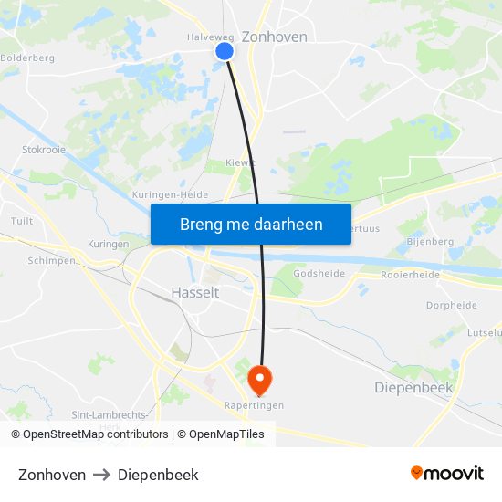 Zonhoven to Diepenbeek map