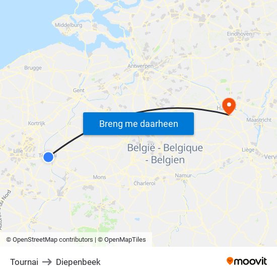 Tournai to Diepenbeek map