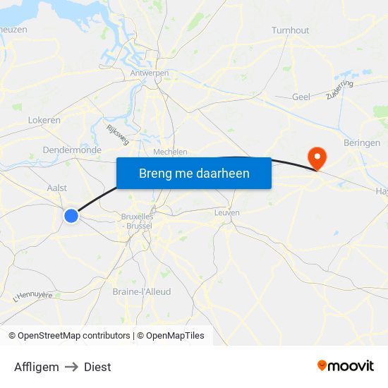 Affligem to Diest map