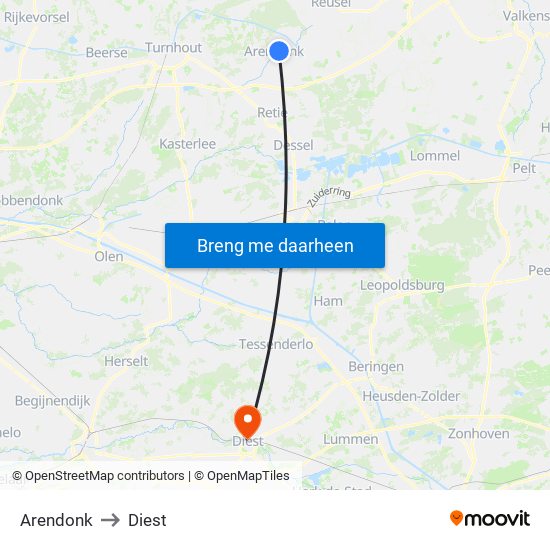 Arendonk to Diest map