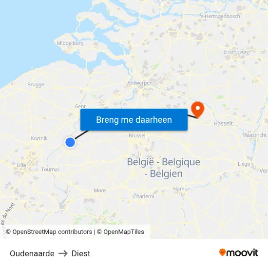 Oudenaarde to Diest map