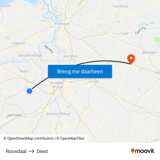 Roosdaal to Diest map