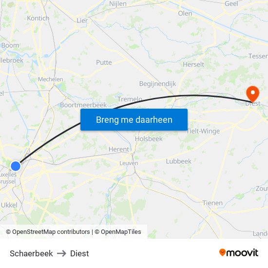 Schaerbeek to Diest map