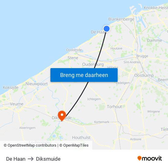 De Haan to Diksmuide map