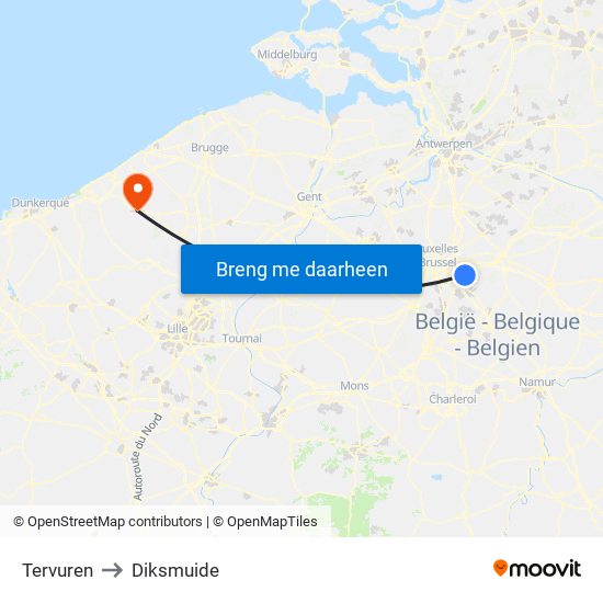 Tervuren to Diksmuide map