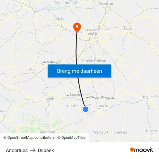 Anderlues to Dilbeek map