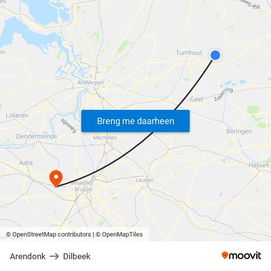 Arendonk to Dilbeek map