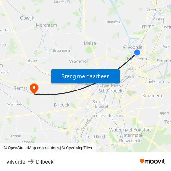 Vilvorde to Dilbeek map