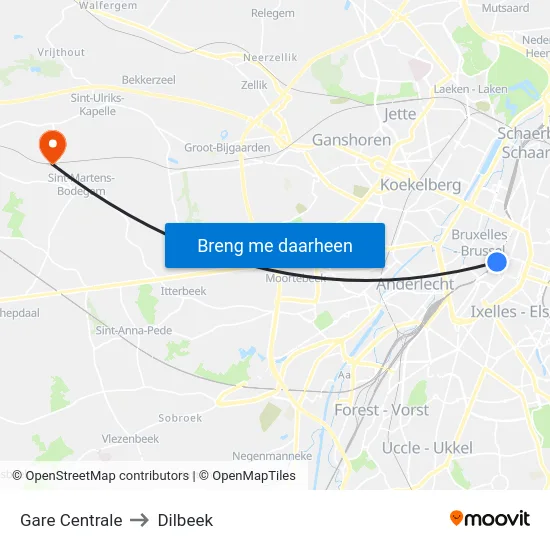 Gare Centrale to Dilbeek map