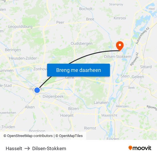 Hasselt to Dilsen-Stokkem map